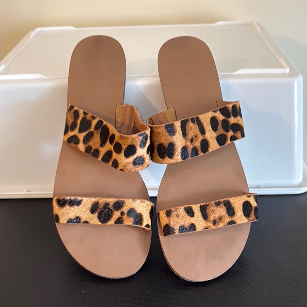 J. Crew Brown Slide Sandals with Leopard Print